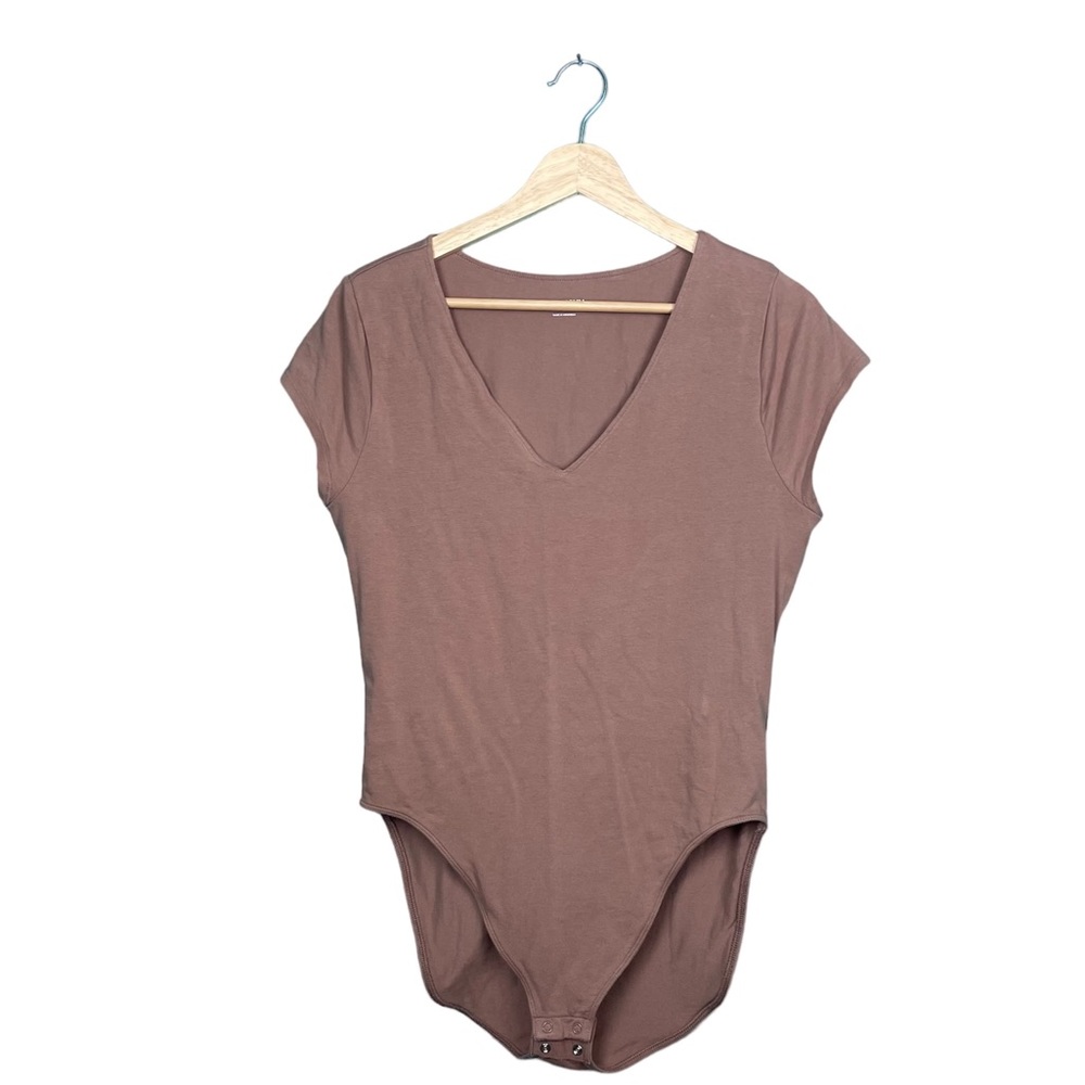 Old Navy Women's Bodysuit Size Large Brown Fitted Short Sleeve V Neck